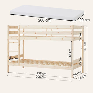 Hoppekids ECO Comfort Våningssäng Med 2x Skummadrass 90x200, Natural Wood